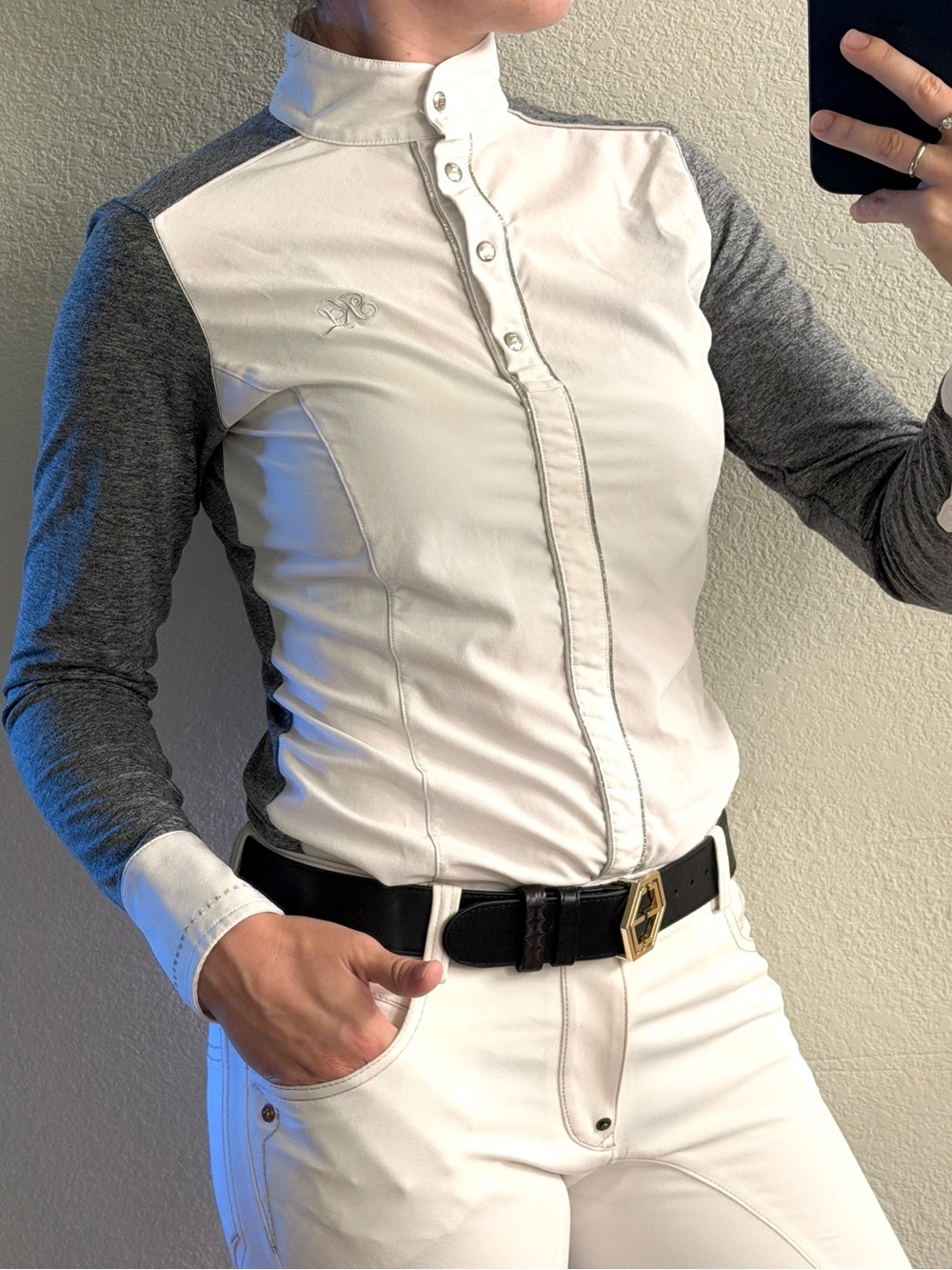 Kingsland equestrian Two-Tone White and Gray Button-Front Riding show Shirt